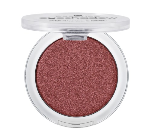 Ein runder Rouge-Behälter mit rosa Puder und klarem Deckel.