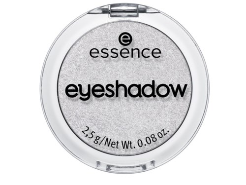 A round container with a silver lid, labeled 'essence eyeshadow' and weight details, used for makeup.