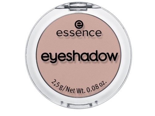 Ein runder Behälter mit hellrosa Lidschatten, beschriftet mit Marke 'essence' und Produkt 'eyeshadow' in schwarzem Text.
