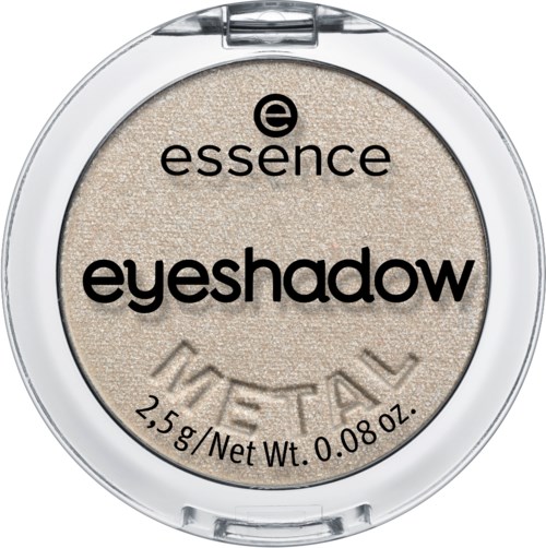 Ein runder Make-up-Behälter mit beiger Lidschatten, Markenname 'essence', Produktname 'eyeshadow' und Gewichtsdaten.