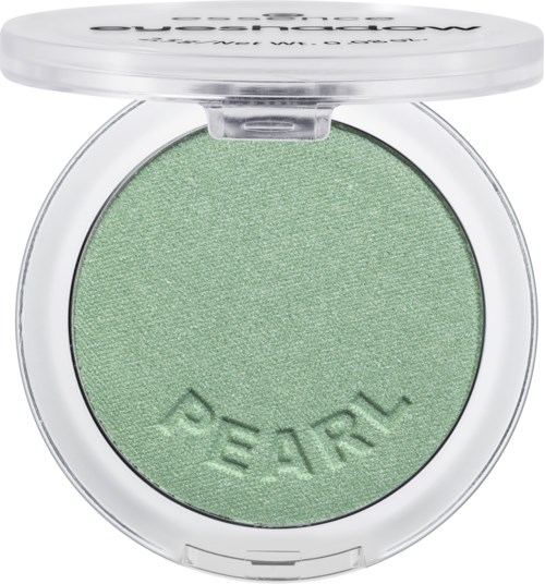 Ein runder grüner Lidschatten mit dem eingravierten Markennamen 'PEARL' im klaren Kunststoffgehäuse.
