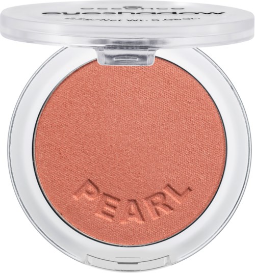 Runder Blush in einem durchsichtigen Behälter mit einem halb geöffneten weißen Deckel, geprägt mit "PEARL."