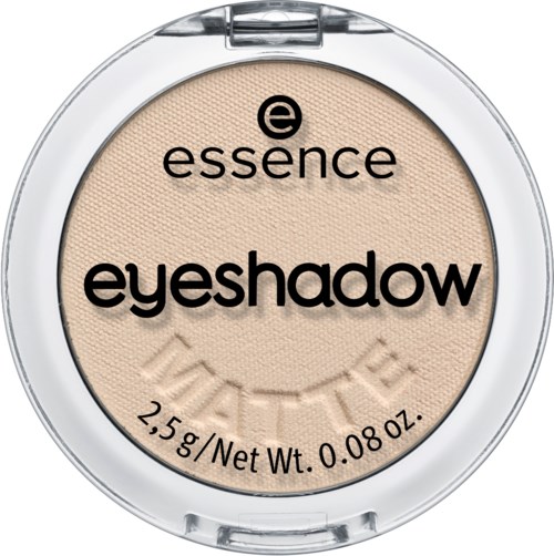 Essence Lidschatten in einer kleinen runden Dose mit beiger Farbe und schwarzem Text auf dem Deckel.