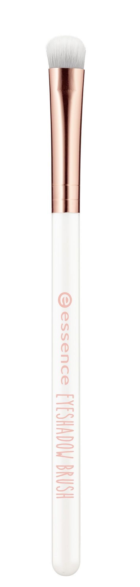 En vit sminkborste med handtag i roséguld och mjuka vita borst. Handtaget har rosa text som säger "Essence" och "Blending Brush."