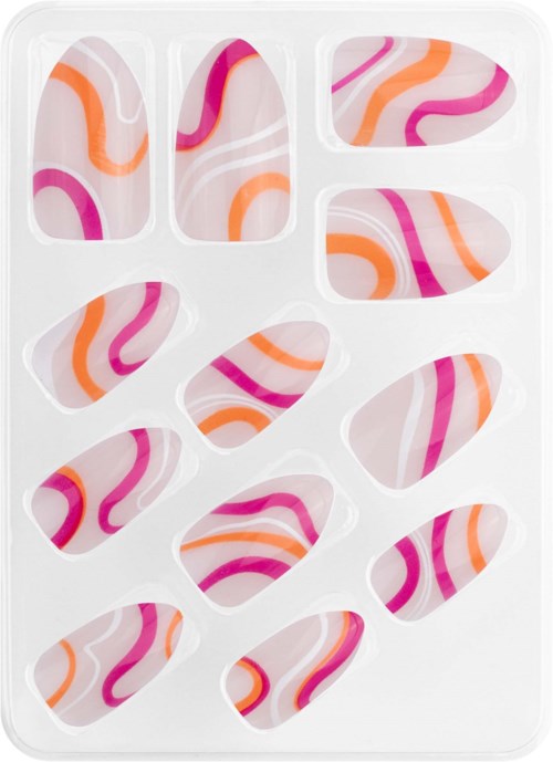 Kynsituubipaletilla on värikkäitä, aaltoilevia kuvioita pinkissä, oranssissa ja valkoisessa.
