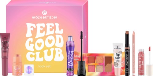 A pink box labeled 'Feeling Good Club' with makeup and beauty products arranged in front.