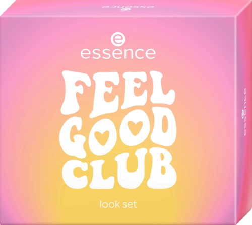 Bright pink box with the words "Feel Good Club" and "look set" in white, playful font.