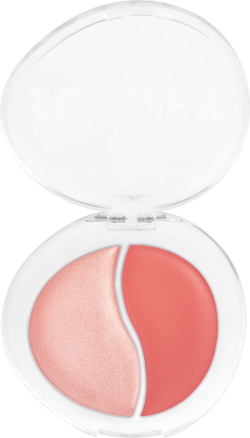 Ein Kompakt mit zwei halbmondförmigen Make-up-Abschnitten, einer rosa und einer korallenfarben, getrennt durch einen weißen Trennstreifen.