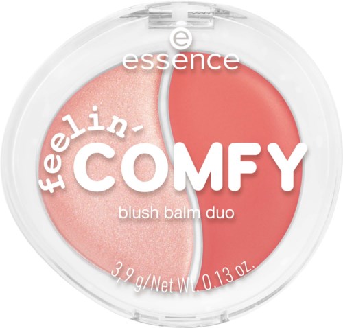 Ein runder Blush-Set mit zwei Farbtönen, beschriftet 'Feelin' COMFY' und 'essence' in einem klaren Behälter.