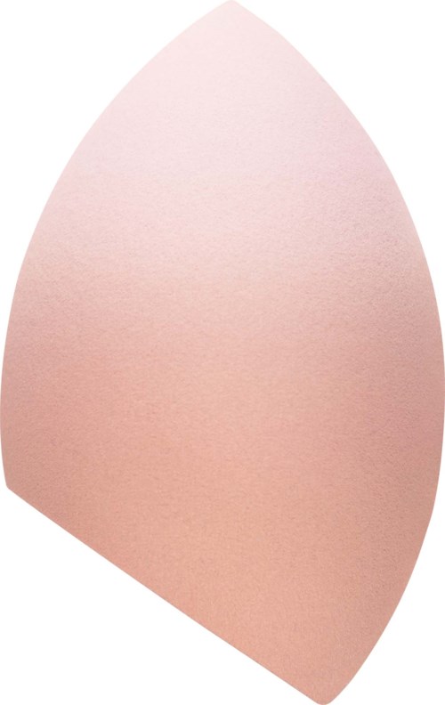 En rosa sminksvamp i form av en tårdroppe med rund botten och spetsig topp.