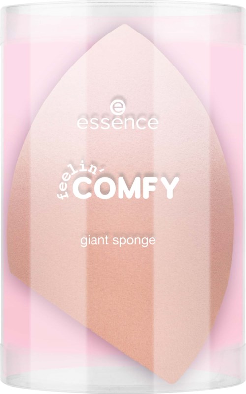 Rosa och beige svamp i tydligt lock, märkt 'essence feel comfy giant sponge'.