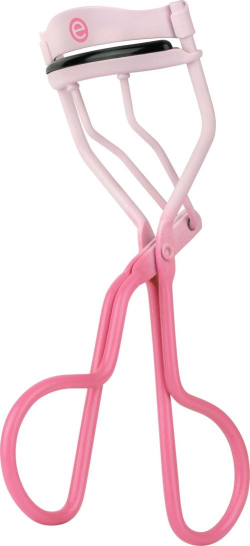 A pink eyelash curler with a white and black top. It has handles and a curling clamp for the eyelashes.