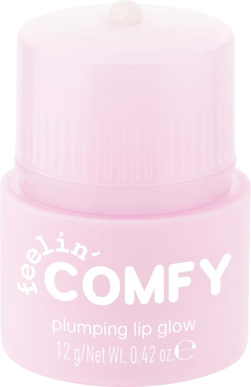 Ett litet rosa glas med Feelinn COMFY plumping läppglans och vit lock.
