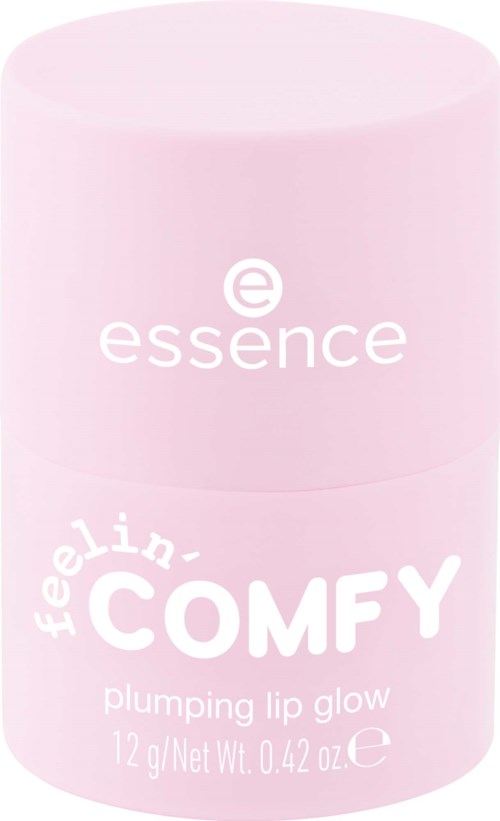 En rosa behållare med vit text som marknadsför ett läppglans som heter "Feelin'-COMFY" av Essence.