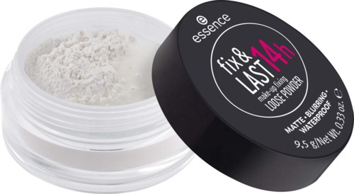 A round container with white powder and a black lid labeled essence fix last 14h.