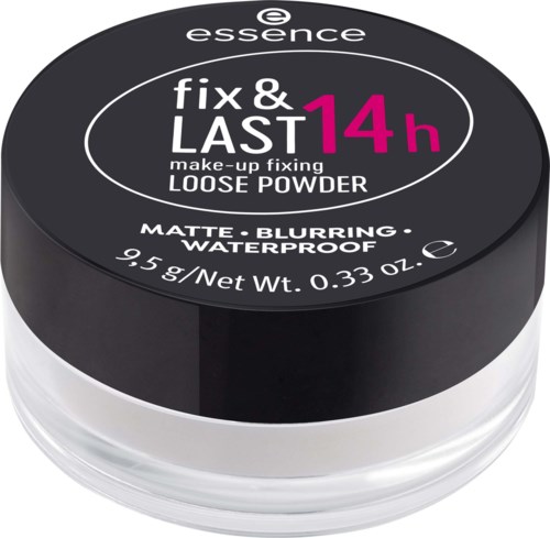 A round black container of essence loose powder makeup with pink and white text, showing 14 hours wear.