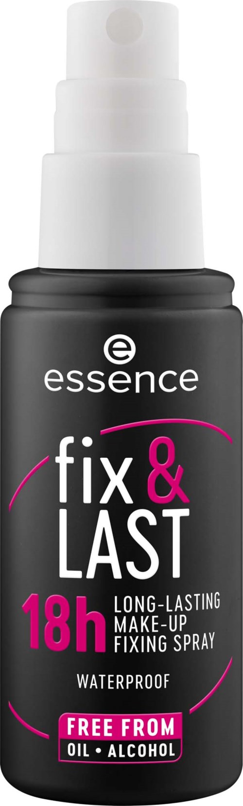 En svart flaska med vit pump, märkning essence fix och last, långvarig make-up spray, vattentät, fri från olja och alkohol.