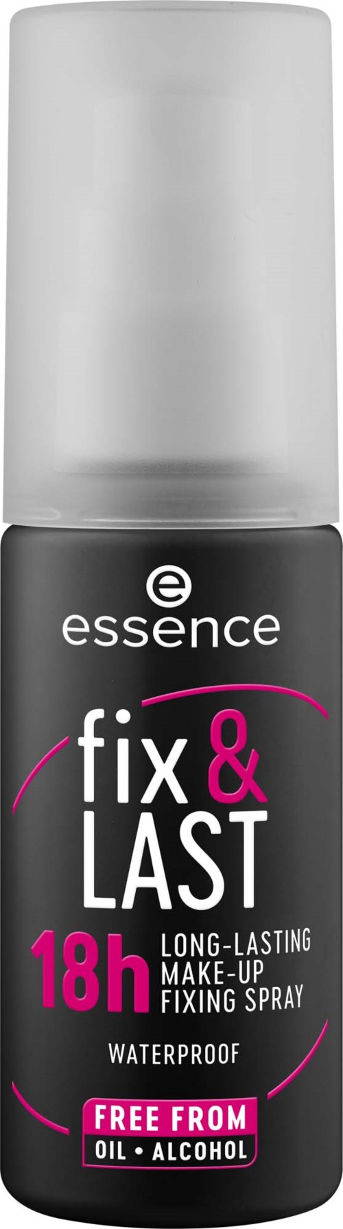 En svart och rosa flaska med långvarigt maquillastabilisator med vattentät och alkoholfri funktion.