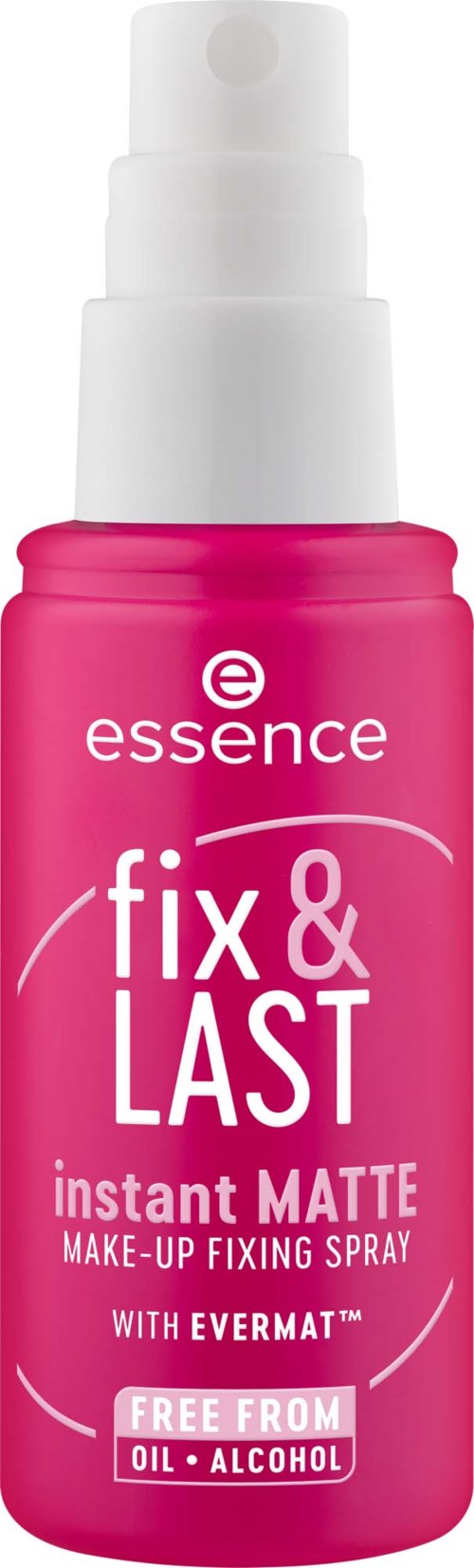 Rosa Sprühflasche mit 'Fix & Last' für Make-up-Fixierung, frei von Öl und Alkohol, enthält Evermat.