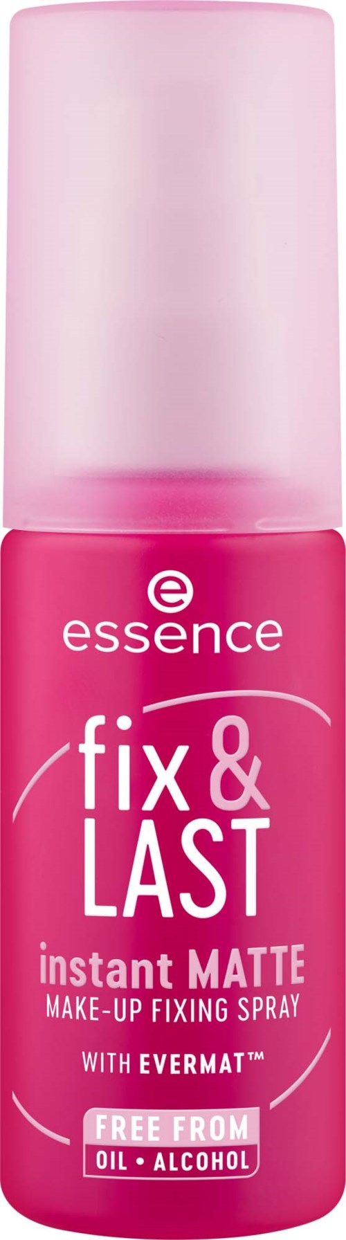 Pinke Sprühflasche mit 'Fix & Last' für schnelle matte Make-up Fixierung, frei von Öl und Alkohol.