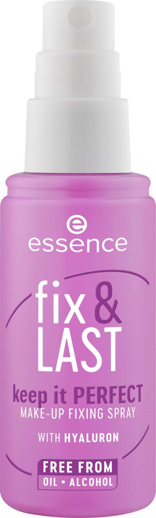 Rosa sprayflaska märkt Essence Fix & Last för makeupfixering, med hyaluronsyra, fri från olja och alkohol.