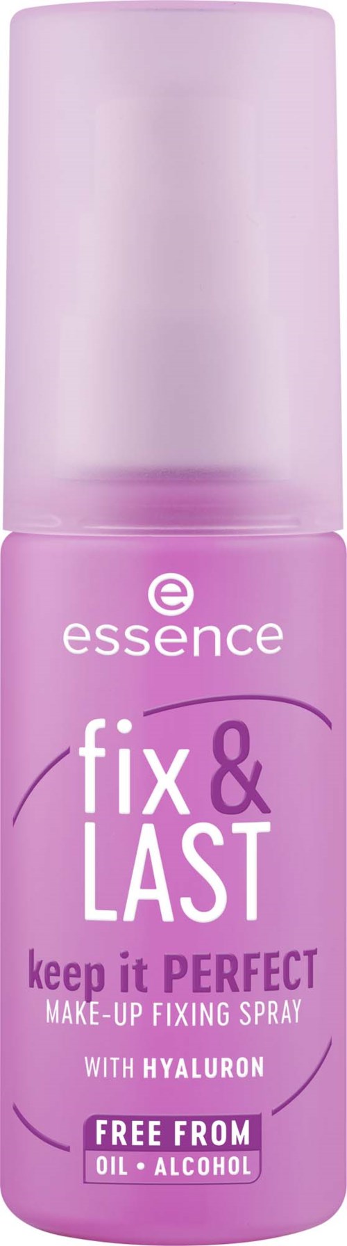 En rosa cylindrisk flaska med makeup fixeringsspray märkt Fix & Last med hyaluronsyra, oljefri, alkoholfri, för perfekt makeup.