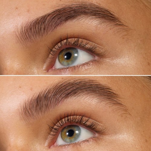 Zwei Nahaufnahmen eines Auges mit gepflegten Augenbrauen und langen Wimpern.