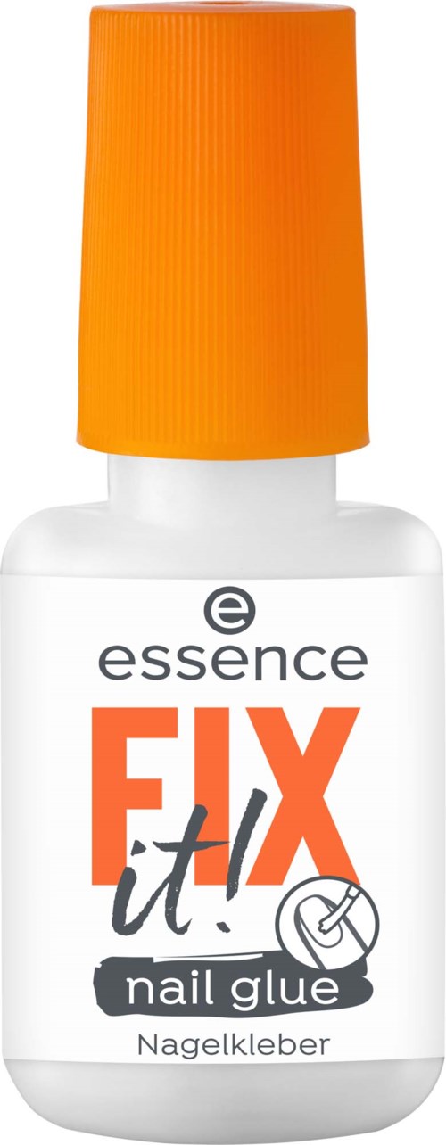 Pieni valkoinen pullo oranssilla korkilla, merkki Essence Fix It kynsilakkaliima korjaukseen.
