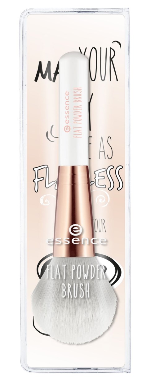 A makeup brush in a clear box with a white and rose gold handle, labeled 'E Essence Flat Powder Brush' and decorative text.