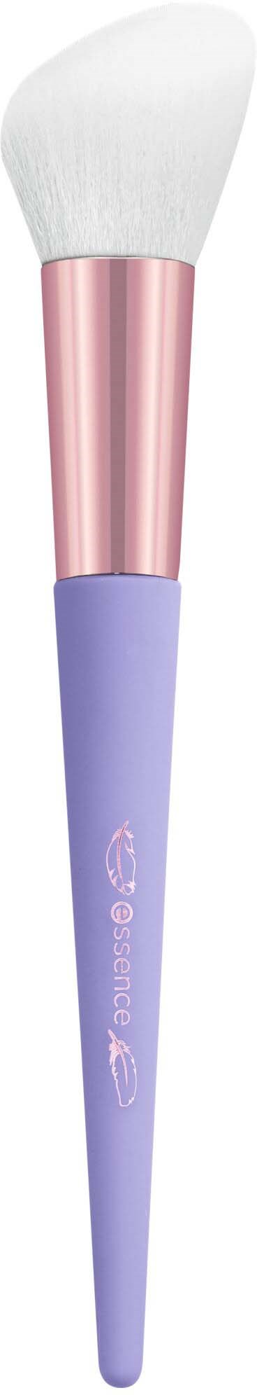 A makeup brush with a purple handle, pink metal part, and white bristles.