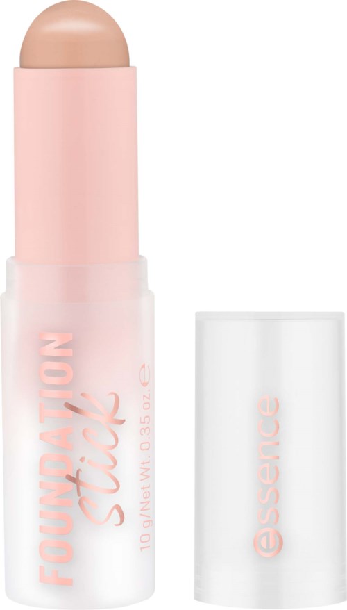 A makeup stick with beige product inside and a white cap next to it. The stick is pink and white with text.