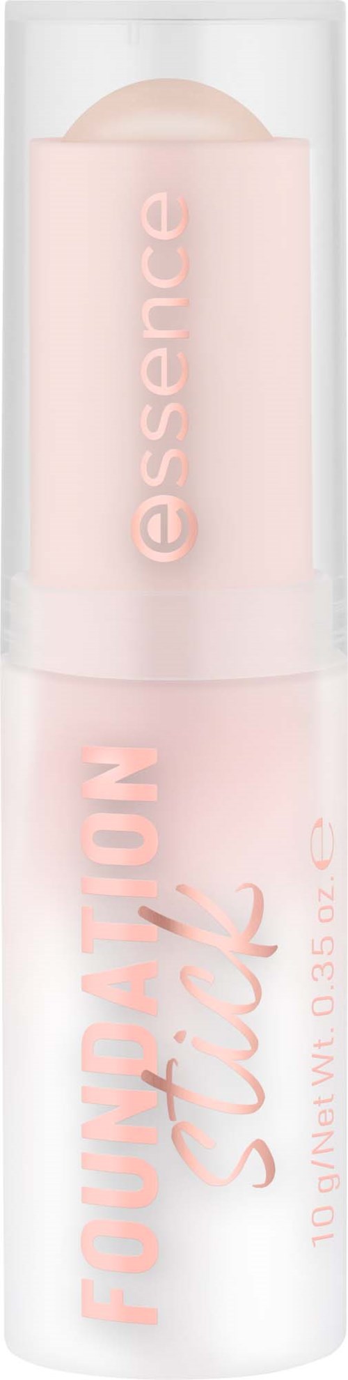 A pink lipstick in a transparent tube with the words 'FOUNDATION stick' and 'essence' written on it.