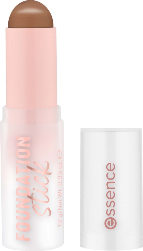 A beige stick lipstick with a pink body and white cap labeled essence. The cap is off, showing the lipstick.