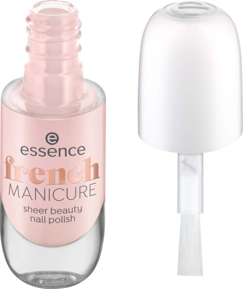 Violetti kynsilakkapullo, jossa valkoinen kansi on pois ja harja näkyvissä. Teksti: 'essence french MANICURE'.