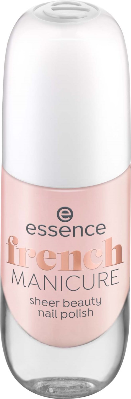 Pieni vaaleanpunainen ja kirkas pullo valkoisella kannella, merkitty 'essence French MANICURE,' kynsilakalle.