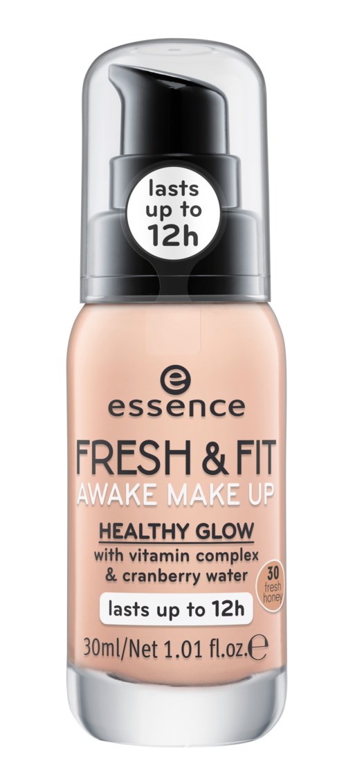 En flaska av essence Fresh & Fit-foundation med vitamin och tranbärsvatten, håller i upp till 12 timmar, för en frisk lyster.