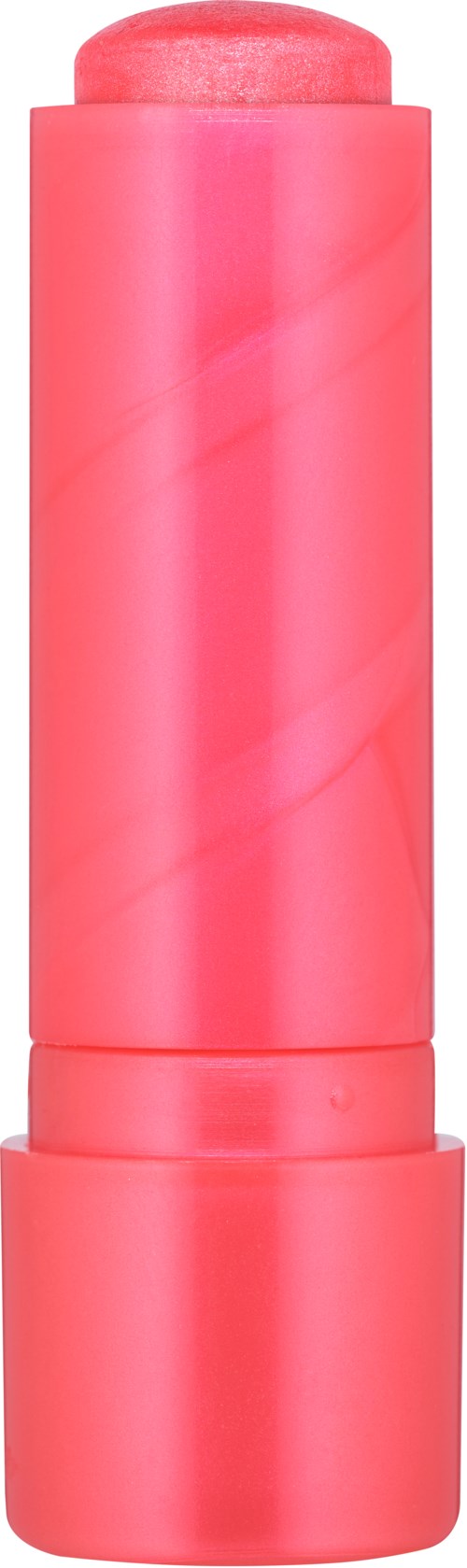 A pink cylindrical lip balm tube with a rounded top and a screw-on cap.