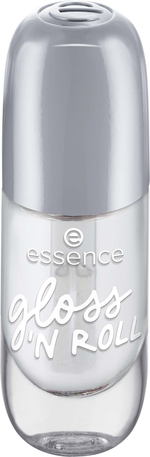 En liten, klar flaske med sølvfarget lokk, merket Essence Gloss 'N Roll, en leppglans.