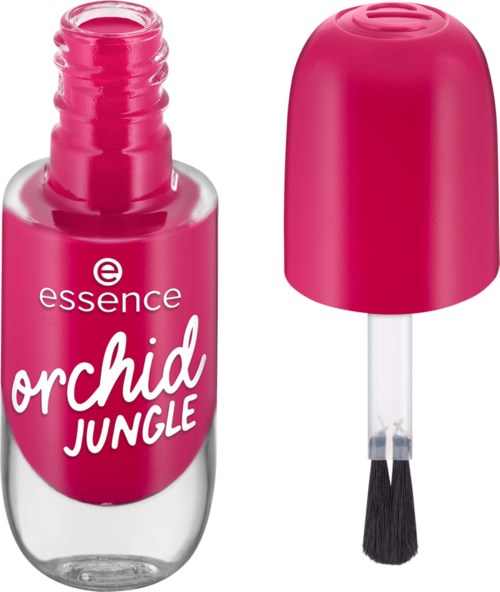 Rosa flaske med neglelakk med børste, merket 'Orchid Jungle' av Essence.