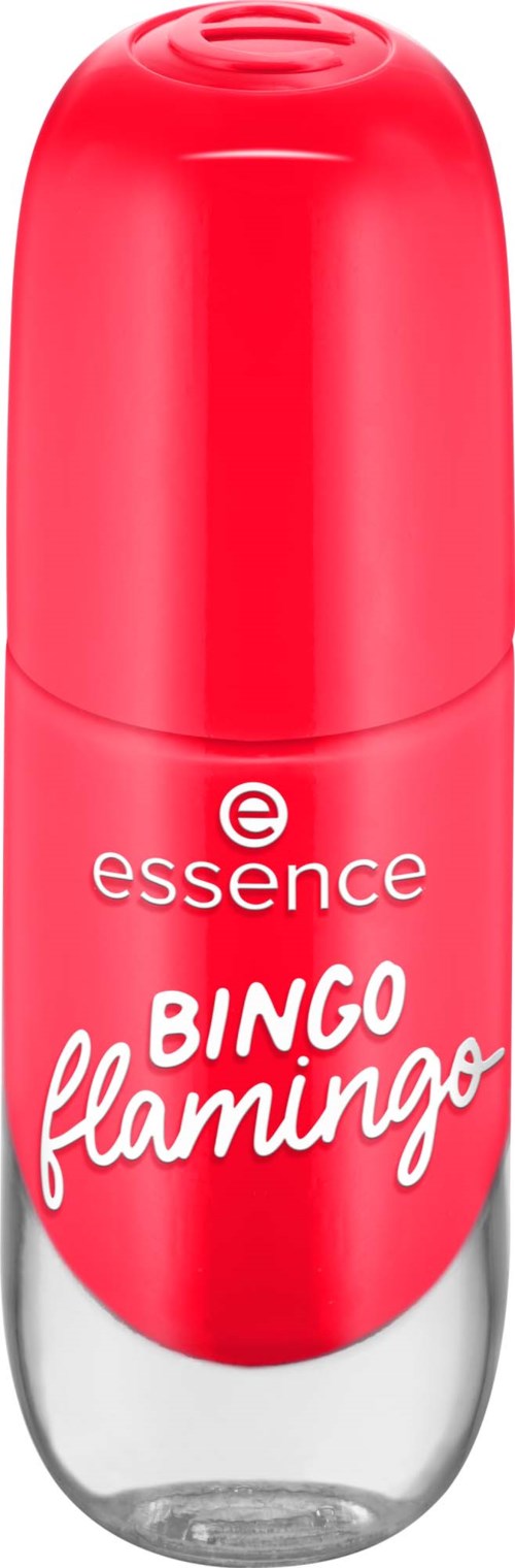 Punainen roll-on-hajuste, jossa valkoinen teksti 'essence BINGO flamingo'.