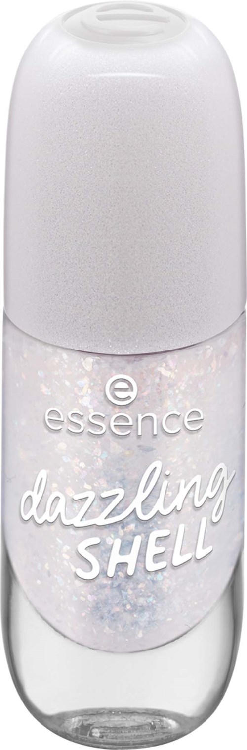 Läpinäkyvä roll-on-hajuvesi, jossa valkoinen korkki, nimeltä 'essence dazzling shell'.