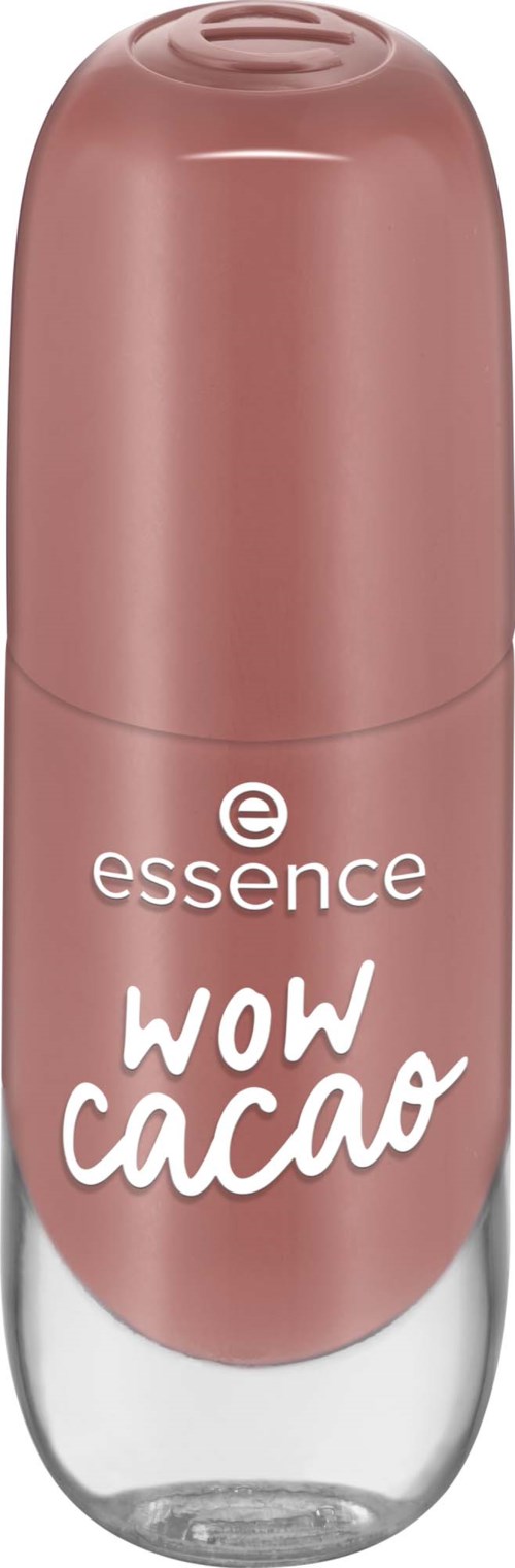 En rosa flaska märkt 'essence wow cacao' med ett genomskinligt lock.