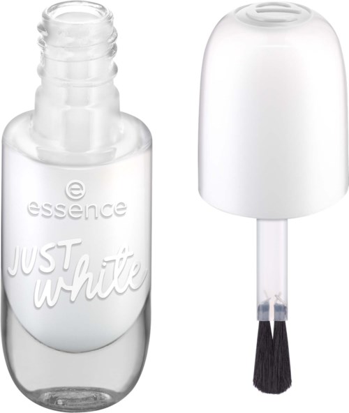 Kleine durchsichtige Flasche mit weißem Nagellack, Beschriftung 'Just White', mit Deckel und Pinsel.