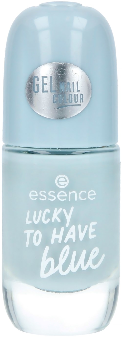 Vaaleansininen kynsilakkapullo hopealusikannella. Etiketissa lukee 'Luck to have blue' ja 'Gel Nail Colour'.