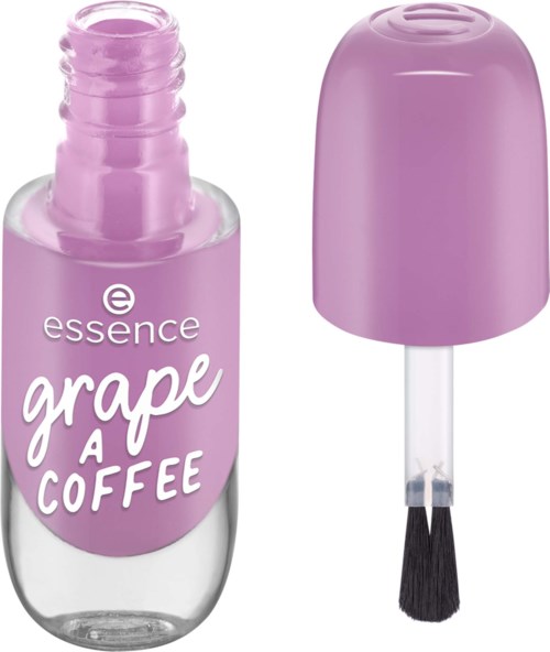 Violetti kynsilakkapullo, jossa on harjaosuus. Ly lytys sanoo 'grape A coffee'.