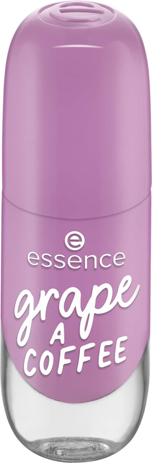 Pieni lilainen pullo, jossa on kirkas pohja, merkitty 'essence grape A coffee.'