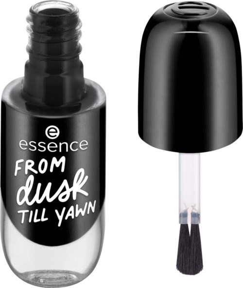 Pieni musta pullo harjalla, jossa lukee 'essence FROM dusk TILL YAWN', todennäköisesti kynsilakka.