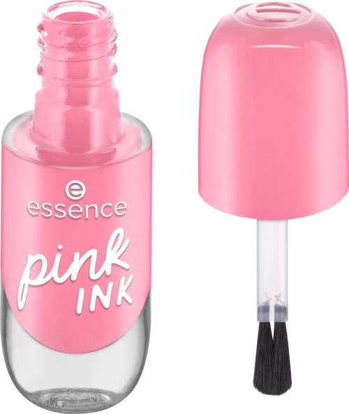 Pink nagellackflaska med borstlock, märkt 'essence pink INK'.