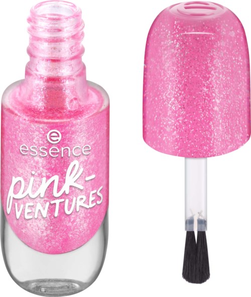 Pink glitter nagellack med borste och lock. Varumärket 'essence pink-ventures' syns på flaskan.