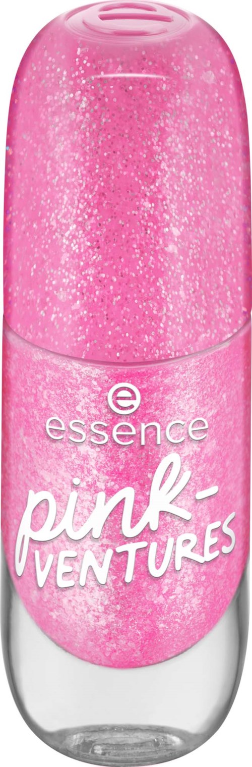 Rosa glitternagellacksflaska med genomskinlig botten, märkt 'essence pink-ventures' på locket.